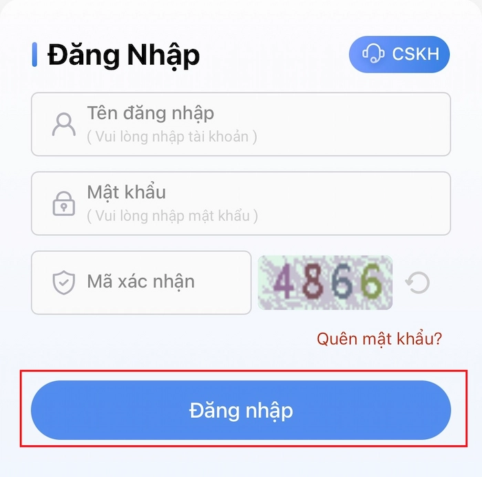 Giao diện đăng nhập trên App