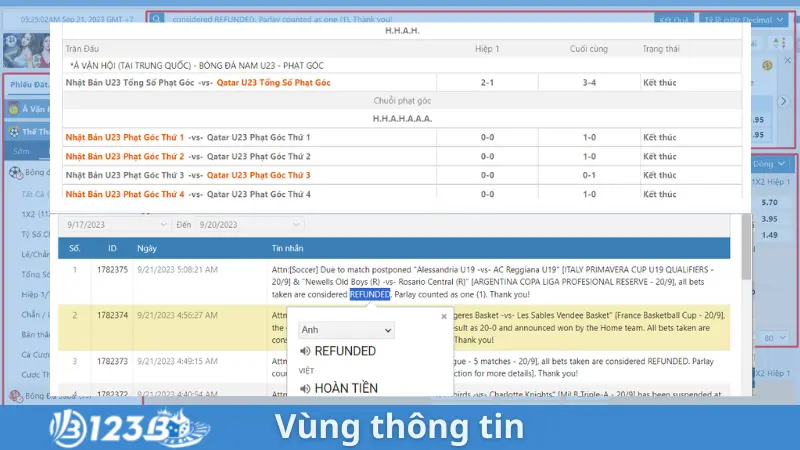 Vùng các thông tin bên lề của nhà cái 123B