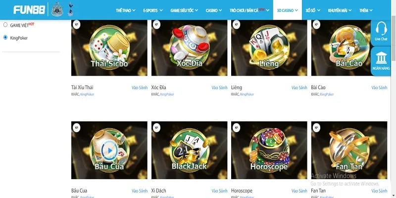 Sảnh Kingpoker ở 3D casino Fun88