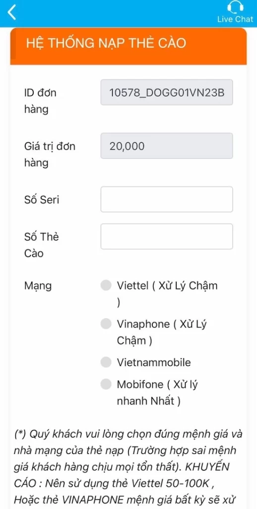 Nạp Tiền Bằng Thẻ Cào Điện Thoại